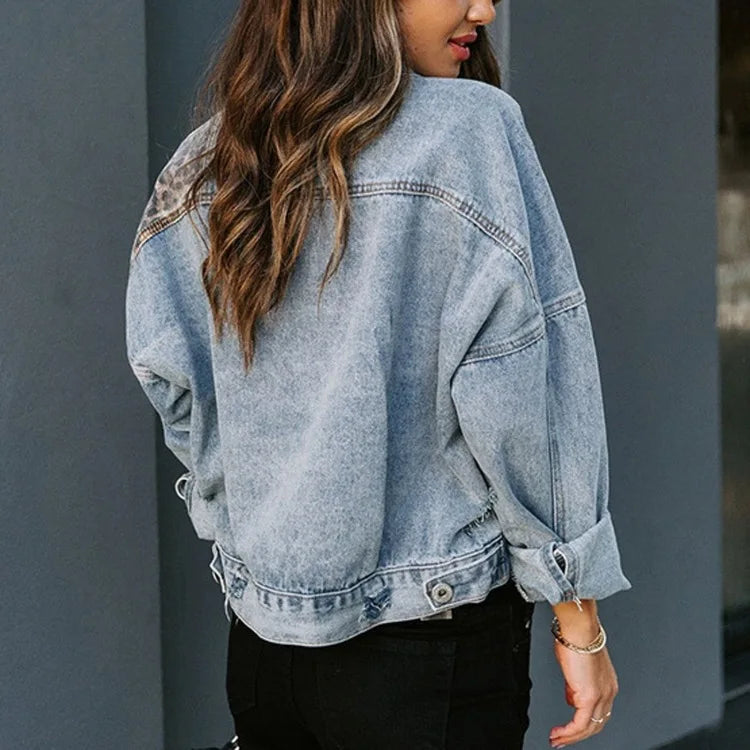 Leopard Accent Spring Denim Jacket